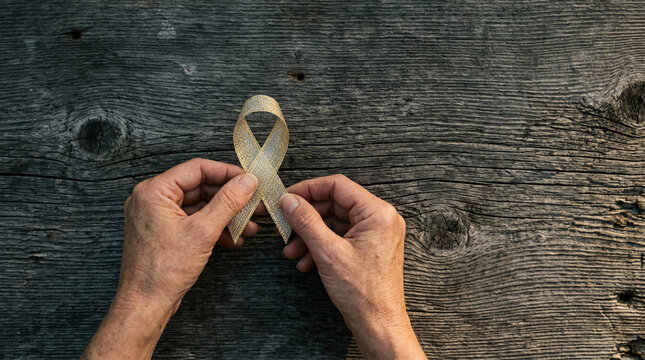 Senior hands holding a gold ribbon for childhood cancer awareness on a rustic wood background; a symbol of hope, support, and medical health advocacy for survivors in natural lighting.