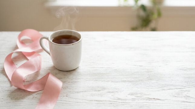 Hot steaming tea in white ceramic mug on rustic wood table with pink satin ribbon, bright natural light, peaceful morning mood for wellness and breast cancer awareness concept.