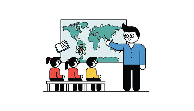 School teacher pointing at a world map while lecturing three attentive young students sitting on a wooden bench.