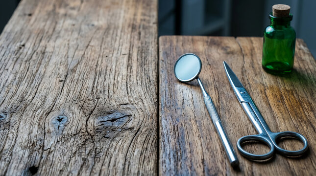 Vintage surgical instruments and dental mirror resting on a rustic weathered wood table alongside a green glass apothecary bottle in a moody historic medical setting close up photo.