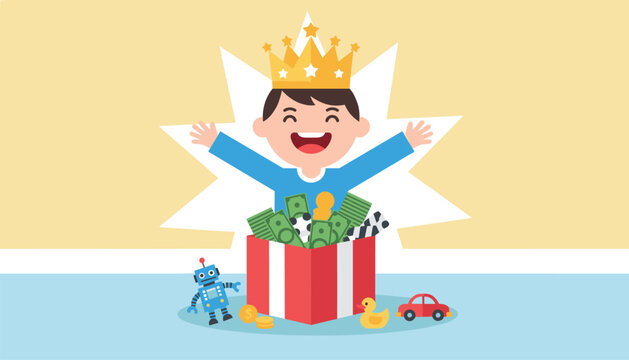 Cheerful young boy wearing a gold crown popping out of a gift box filled with paper money and colorful toys around.