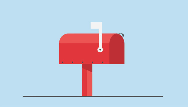 Classic red mailbox with a raised white flag standing alone on a post against a plain light blue background.
