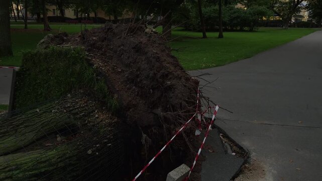 Uprooted tree root ball blocks cracked park path beside safety tape at dusk