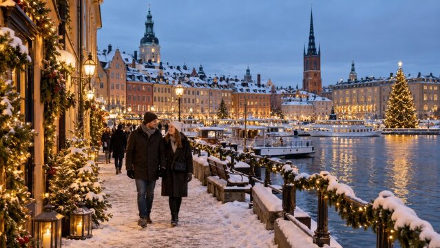 Weihnachtliches Stockholm mit verschneiter Uferpromenade, festlichen Lichtern und Blick auf Gamla Stan bei winterlicher Abendstimmung in der historischen Altstadt der schwedischen Hauptstadt.