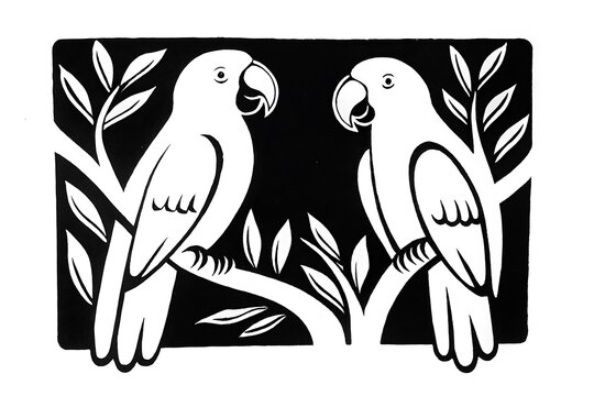 Two white parrots perched on a branch with leaves