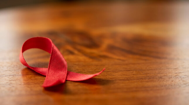 Red awareness ribbon sitting on a rustic wooden surface with warm soft bokeh lighting, macro photography style representing health support, HIV AIDS advocacy, and medical hope for a cure.