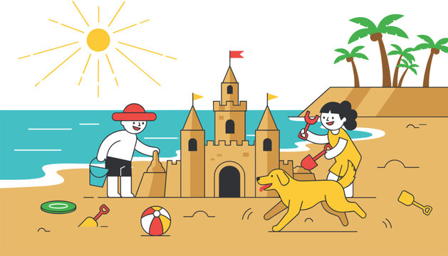 Happy children building a large sandcastle on a sunny tropical beach with a playful dog running in the sand.