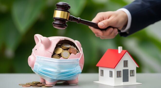 Gavel hitting a piggy bank next to a small house model illustration