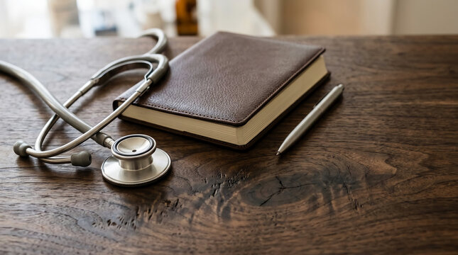 Professional stethoscope and leather journal with pen on a rustic wooden office desk, featuring warm natural lighting and representing medical healthcare planning and clinical education.
