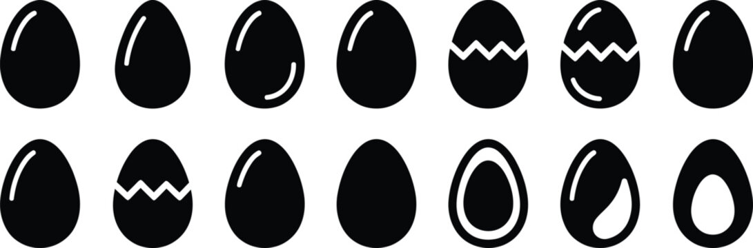 Set of black silhouette egg icons with different shapes and cracked shells for easter design isolated on transparent background, Vector