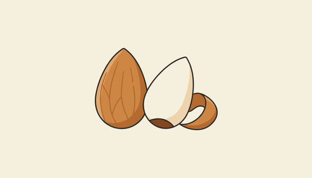 Pair of raw organic almonds with one in its brown shell and another peeled next to a piece of skin over cream background.