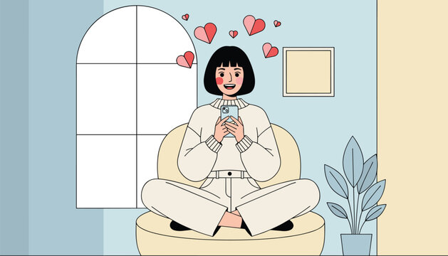 Smiling girl sitting cross-legged on a cozy armchair while using her smartphone with red hearts floating around.