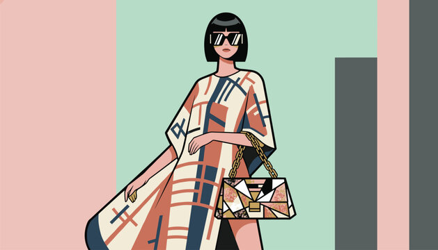 Elegant woman with black bob hair wearing chic sunglasses and a colorful geometric print dress holding a luxury handbag.