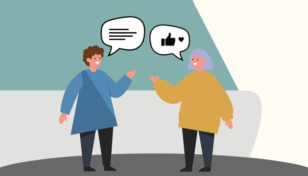 Two diverse friends having a conversation with colorful speech bubbles showing text lines and positive social media icons.