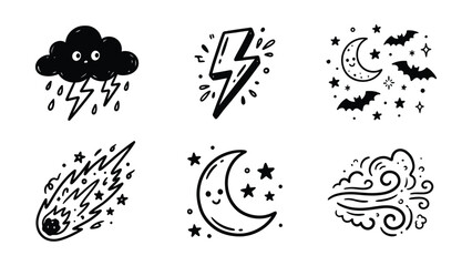 Obraz premium Hand drawn night sky weather icons with spooky celestial elements crescent moon weather symbols