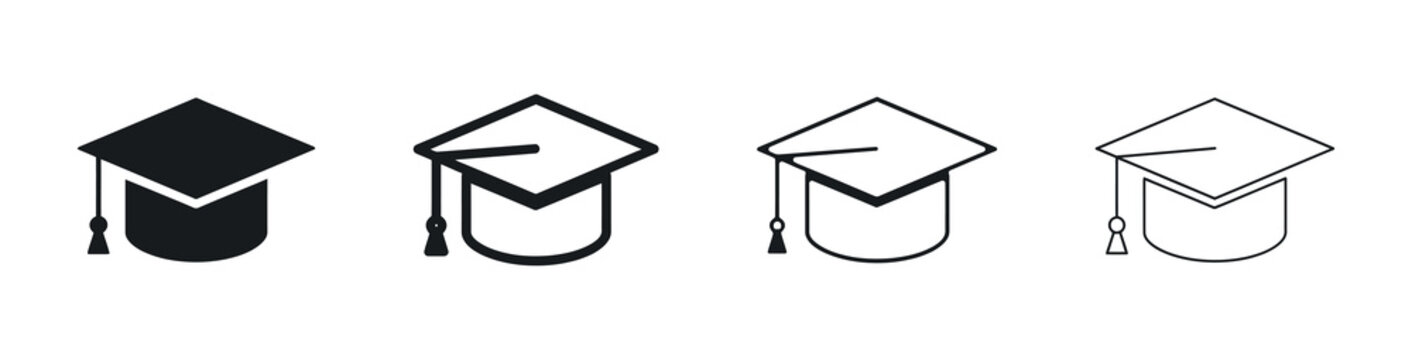 Graduation cap icons in varying line weights and fills mortarboard