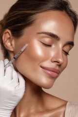 Extreme closeup of woman receiving facial injection near closed eye glowing skin relaxed expression clinical setting © neirfy