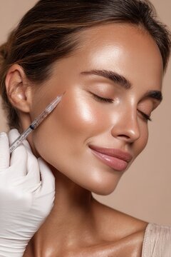 Extreme closeup of woman receiving facial injection near closed eye glowing skin relaxed expression clinical setting
