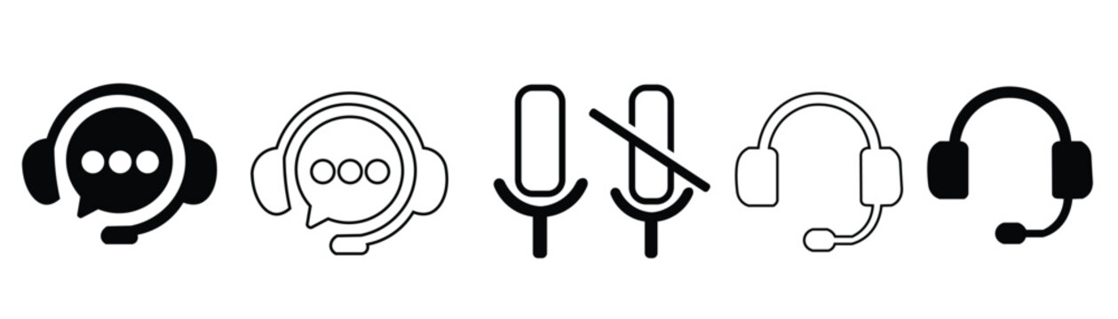 Customer support headset icon set featuring call center operator microphone mute chat bubble communication vector elements for helpdesk telemarketing service and contact us design
