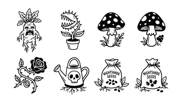Set of spooky garden and nature themed hand drawn doodle illustrations with venus fly trap