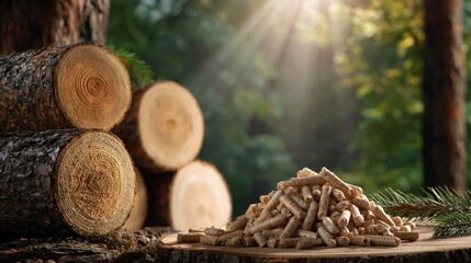 Obraz premium Wood pellets on forest stump beside stacked logs in soft morning light, showing renewable fuel, sustainable heating, natural texture, rustic woodland setting, and warm earthy colors