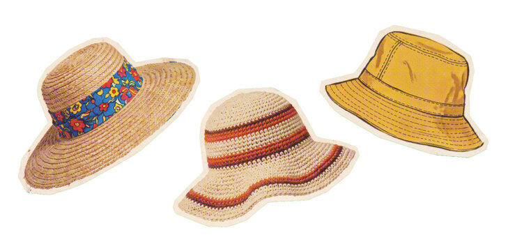 Set of vintage summer hats including a straw boater, a knitted sun hat, and a yellow bucket hat in retro illustration style