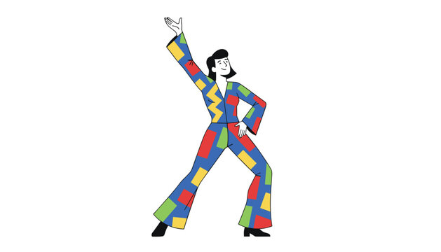 Energetic man dancing disco in a colorful geometric pattern jumpsuit with one arm raised in a celebration of retro dance floor style.