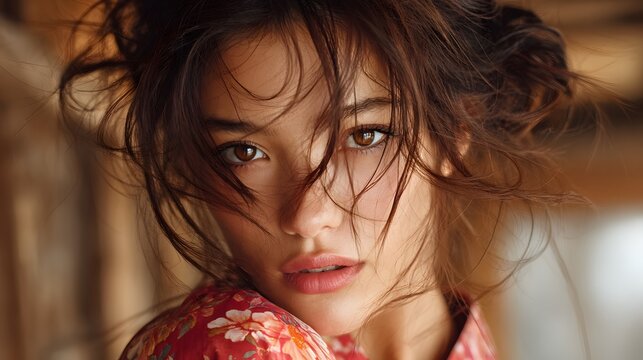 Striking portrait of a beautiful thoughtful woman with wind tousled hair and a vibrant floral patterned garment creating a moody and evocative atmosphere