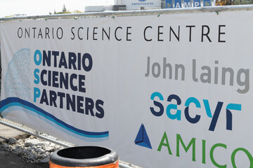 Fototapeta premium banner sign at Ontario Place Centre / Ontario Science Partners brand/logos, Toronto