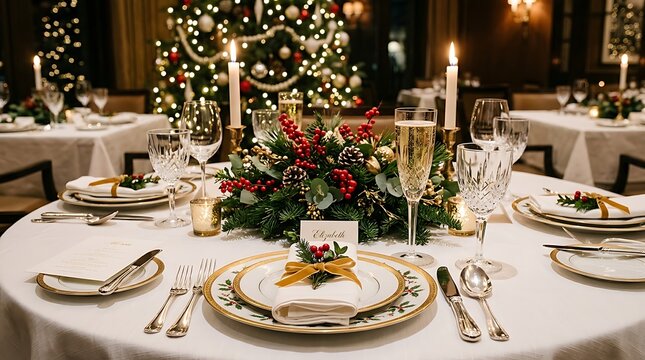 Elegant Christmas dinner table setting with festive centerpiece and glowing candles during holiday celebration