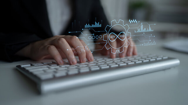 Professional Hands Typing on Keyboard with Futuristic Technology Interface and Data Visualization Graphic for Digital Transformation Concepts. Entropy.