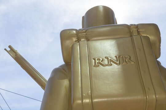 close-up detail of back of "Monument to the War of 1812" by Douglas Coupland in front of Malibu Harbourfront, a condominium complex, located at 600 Fleet St, northwest corner of Bathurst St, Toronto