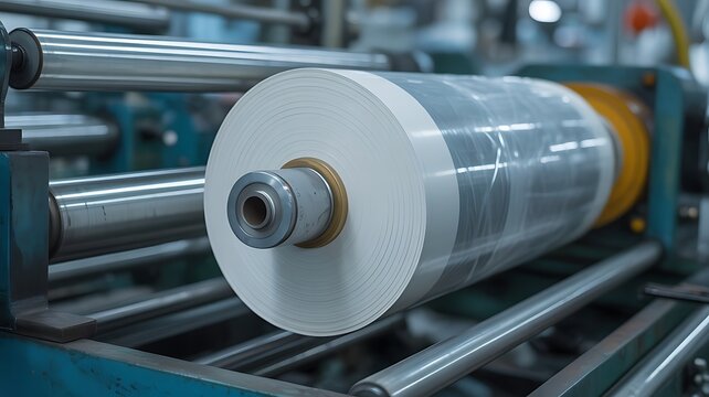 Close up view of a white plastic roll mounted on an industrial machine inside a factory for speed packaging and production