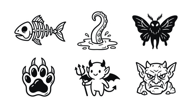 Set of cute hand drawn horror themed doodle icons with fish bones paw print black white skeleton
