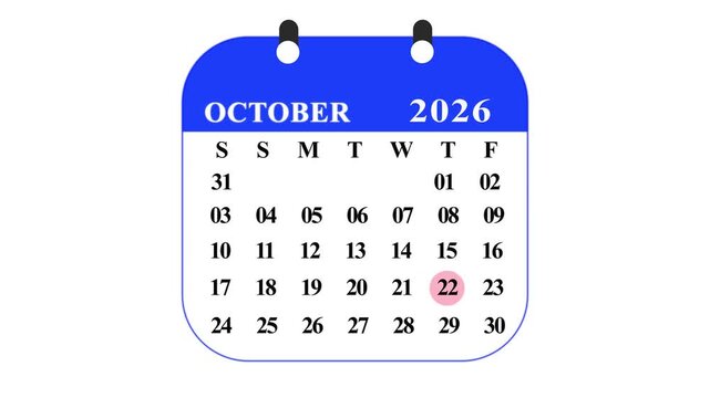 October 2026 calendar with dates and days of the week