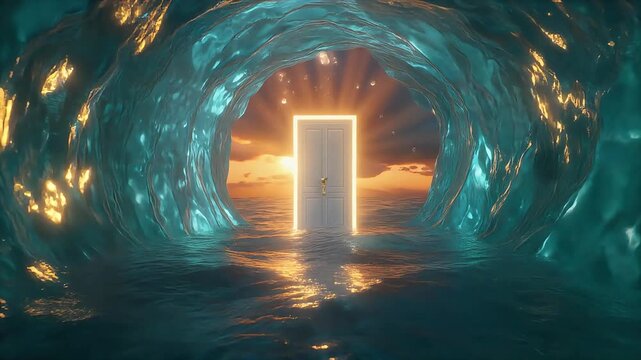 Surreal digital art scene of a glowing doorway in a dark water tunnel