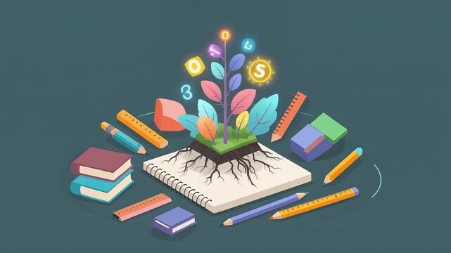 Isometric animation of stationery objects floating around a notebook