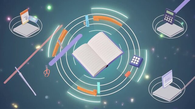 Abstract digital education concept with floating office supplies