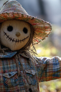 A scarecrow with a hat and a scary face, perfect for Halloween or fall decoration. vertical frame