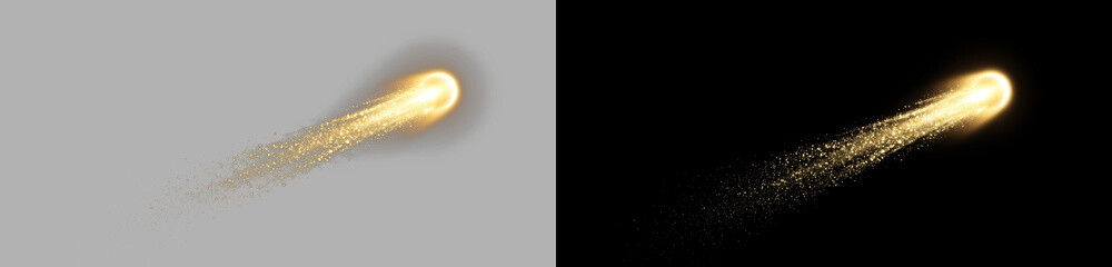 Glowing gold meteor streak, sparkling comet trail with a bright fiery head tapering into a fine golden light tail, shooting star swoosh effect, isolated on transparent background, PNG overlay © Pixora