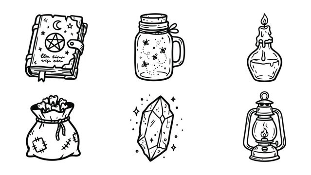 Witchcraft and magic potion themed hand drawn doodle icon set with magic elements