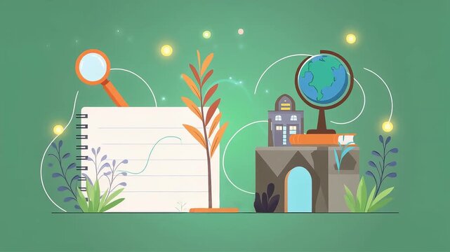 Minimalist graphic animation with notepad and box on green background