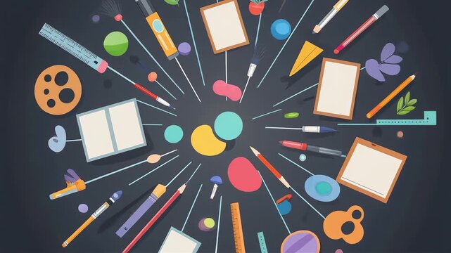 Minimalist abstract explosion of colorful office supplies
