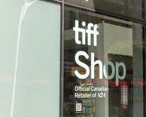 Obraz premium vinyl window sign of tiff the Shop at TIFF Lightbox, a movie theatre, located at 350 King St W, Floor 1 of the Festival Tower, Toronto