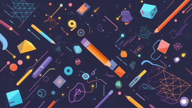 Abstract creative concept with colorful geometric shapes and a central pencil