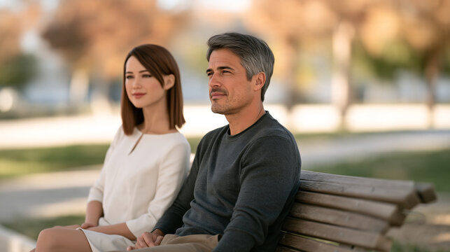 Lifelike humanoid robot wife and human partner sitting on a park bench years later with the human man visibly older and robot wife unchanged