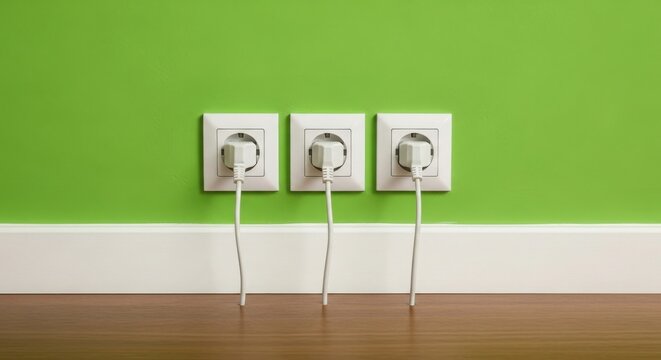 Three white power plugs connected to wall sockets on a bright green wall illustration