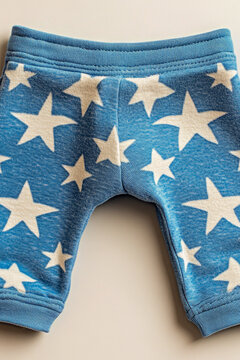 Pair of casual pants with white star pattern. vertical frame