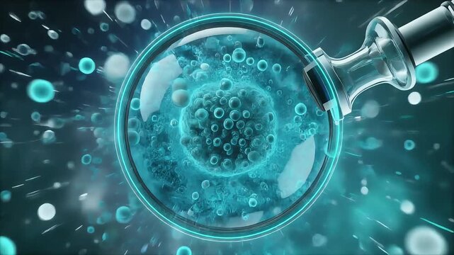 Magnifying glass examining a swirling blue liquid vortex