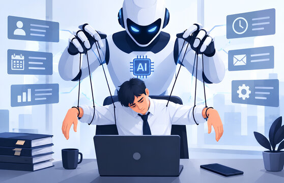 Artificial Intelligence Controlling Human Worker Like a Puppet, Dystopian Future of AI Automation, Workplace Surveillance and Loss of Human Autonomy